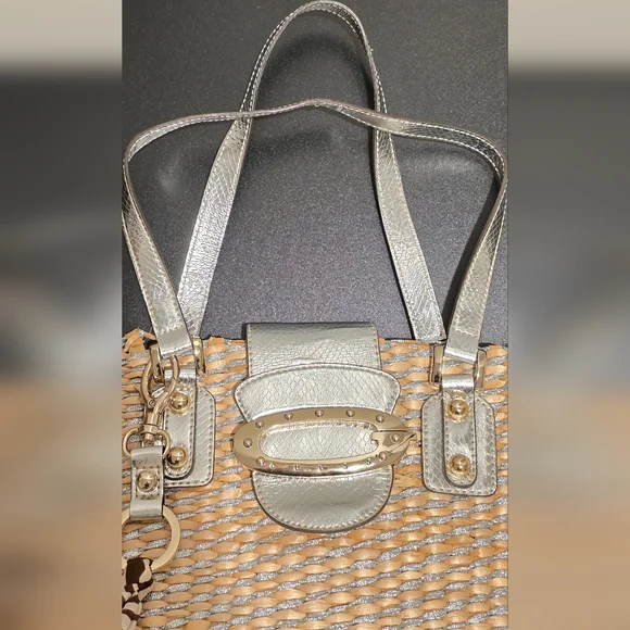 Guess Metallic Straw Tote Bag with Silver Faux Leather Trim & Scarf | Y2K - Picture 5 of 13